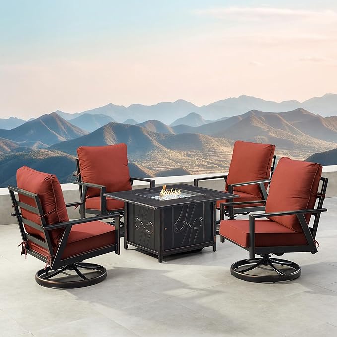 Oakland Living Black Aluminum Patio Fire Table Set with Four Club Chairs with Red Cushions