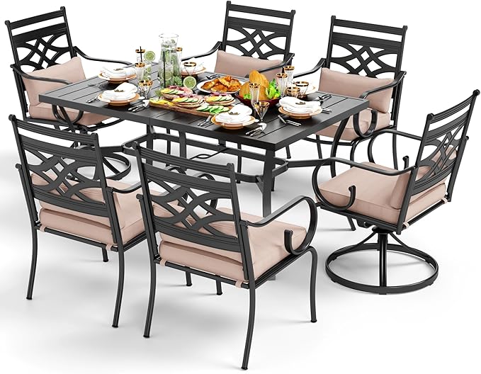 PHI VILLA 7 Pcs Patio Dining Sets,Outdoor Table Chair Set for 6 with 2 Outdoor Swivel Chairs and Metal Rectangular Table,Outdoor Dining Furniture with Cushion and Pillow for Garden Lawn Deck