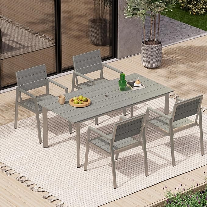 67" Rectangle HDPS Patio Dining Table, Aluminum Outdoor Patio Dining Table with Umbrella Hole, Weather-Resistant for Lawn, Garden, Yard, Poolside and Indoor Use, Silver & Gray