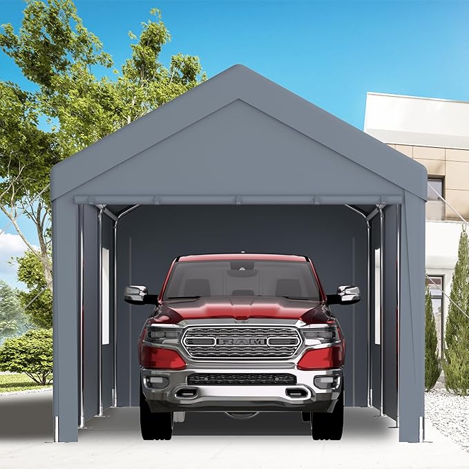 Carport 12x20 Ft Heavy Dut Car Port Canopy, Portable Garage with Removable Sidewalls & Doors for Car, Truck, Boat, Garden Tools (Grey)