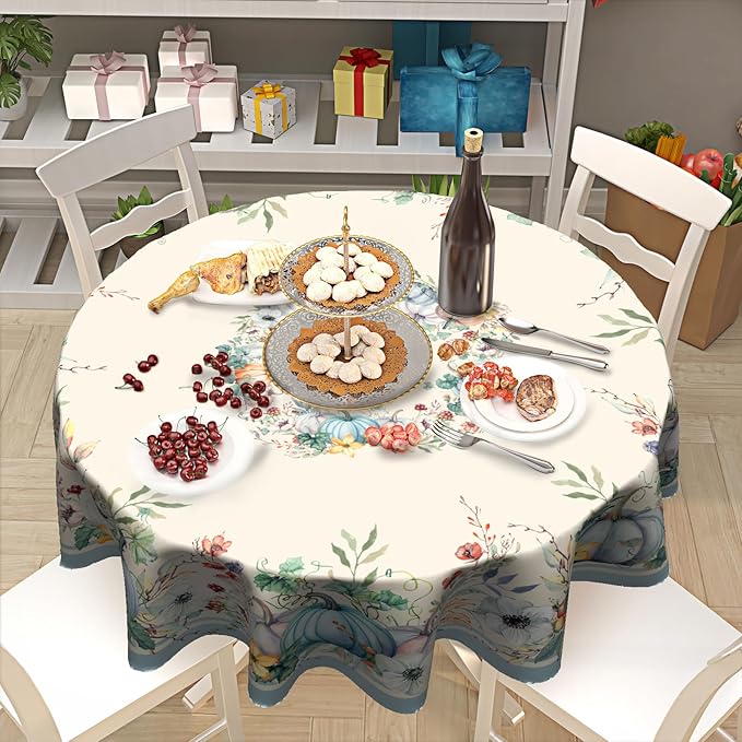 Pumpkin Leaves Round Tablecloth 60 Inch, Fall Autumn Thanksgiving Harvest Table Cloth Washable Table Cover for Dinner Kitchen Holiday Picnic Party Garden Decoration