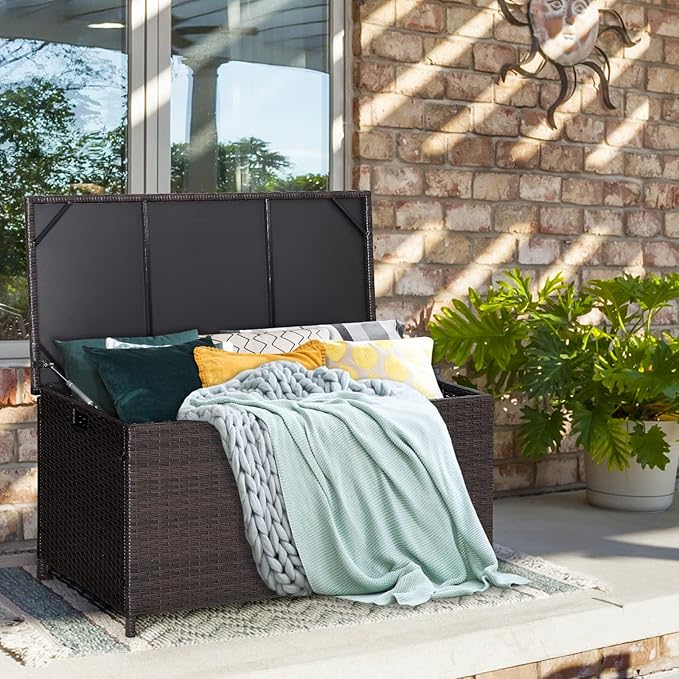 Tangkula 50 Gallon Wicker Deck Storage Box, Patio Rattan Storage Container with 2 Universal Wheels, Safety Pneumatic Rod, Zippered Liner, Sturdy Steel Frame, Ideal for Backyard, Poolside