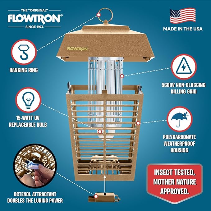 Flowtron Electric Bug Zapper 1/2 Acre Outdoor Insect Control with Dual Lure Method, 15W UV Light & Octenol Attractant for Fly & Mosquito, 5600V Kill Grid, Made in USA, UL Certified - Tan Color
