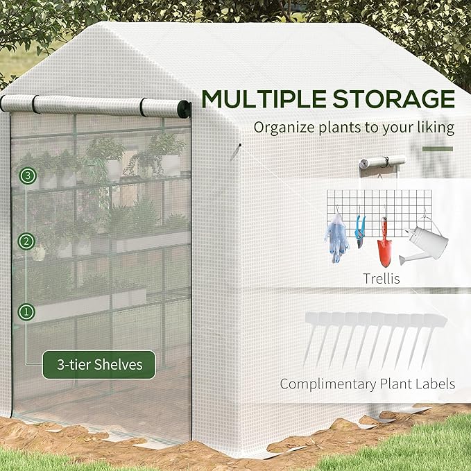 Outsunny 8' x 6' x 7' Walk-in Greenhouse with Mesh Door and Windows, 18 Shelf Green House with Trellis, Plant Labels, UV Protective for Growing Flowers, Herbs, Vegetables, Saplings, White