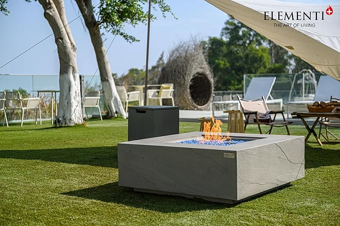 Elementi+ | Capertee Gas Fire Pit Cast Concrete 40" Square Fire Table, Outdoor Fire Pit Electronic Ignition | Canvas Cover, Fire Glass and Burner Lid Included | Light Gray | Propane Gas