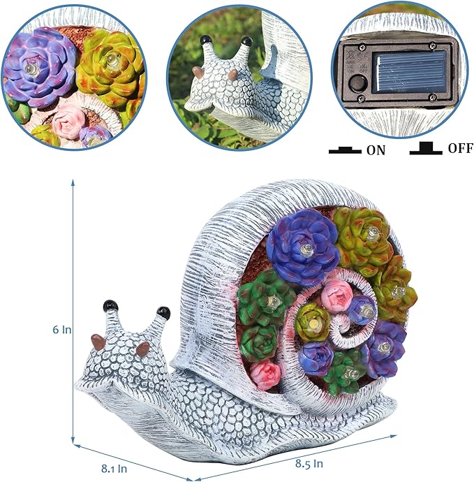 FORUP Snail Garden Statue, Resin Snail Figurine Garden Lawn Ornaments with Solar LED Lights for Outdoor Yard Garden Decorations