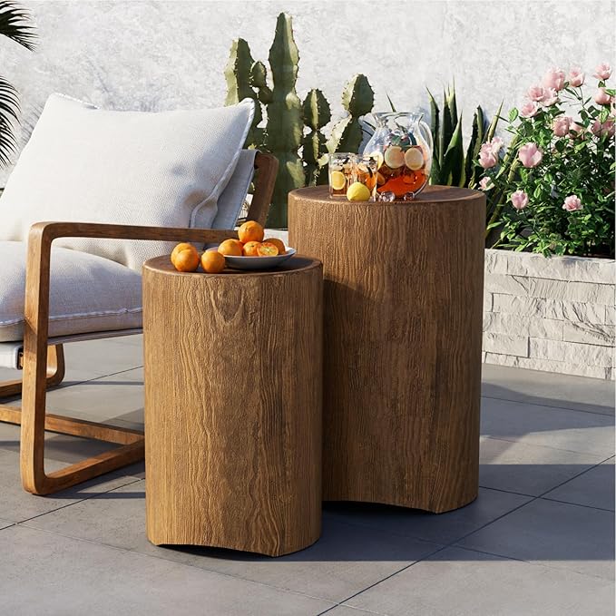 COSIEST Concrete Side Table, Set of 2 Round Outdoor Side Tables, Decorative Garden Stools for Indoor Outdoor, Accent Table Patio Side Table Nesting End Table w Light Oak Colored Faux Wood