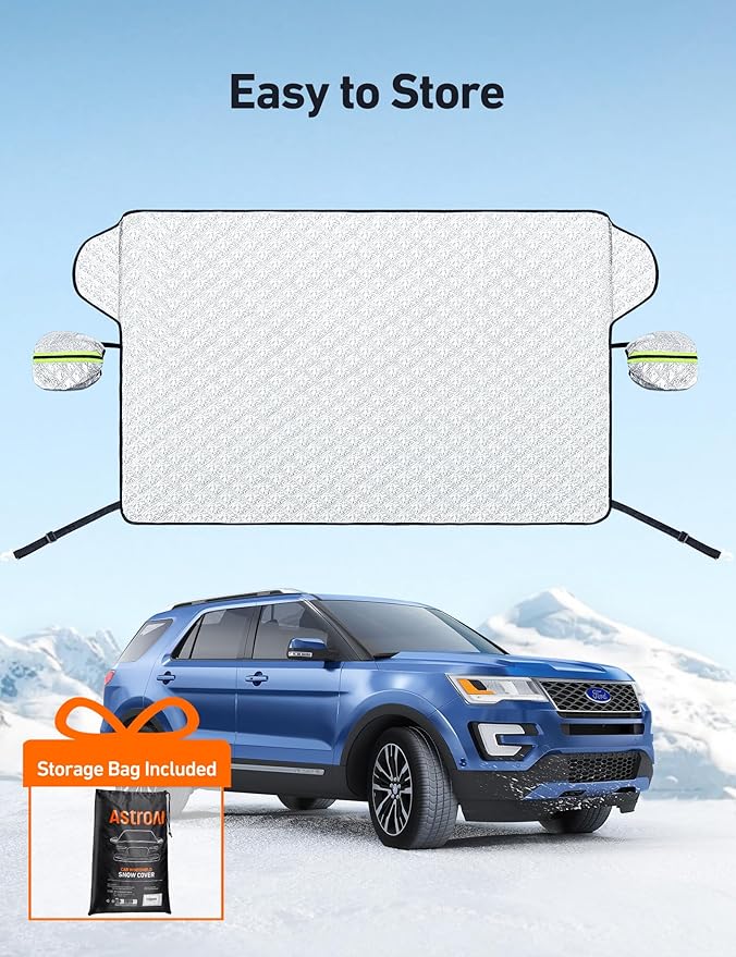 AstroAI Windshield Snow Cover, Windshield Cover for Ice and Snow 4-Layer Protection for Snow, Ice, UV, Frost Wiper & Mirror Covers, Windproof Sunshade Cover for Cars, Sedans, and Compact SUVs (Middle)