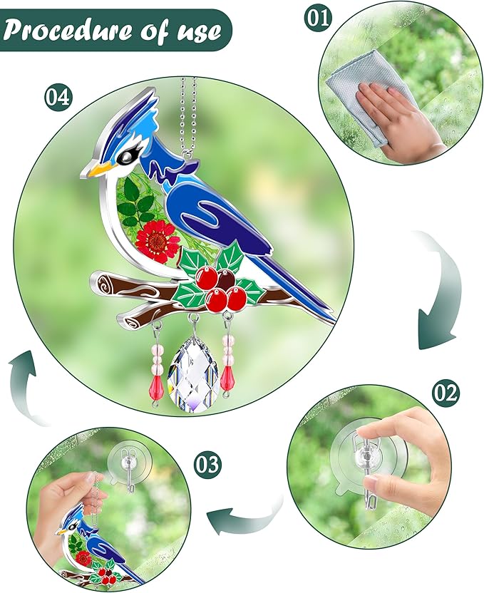 KY&BOSAM Crystal Blue Bird Suncatcher Handmade Bird Sun Catcher for Windows with Real Dried and Pressed Flowers Heart Charm Engraved with Crystal Gifts for Mom Mother`s Day Birthday