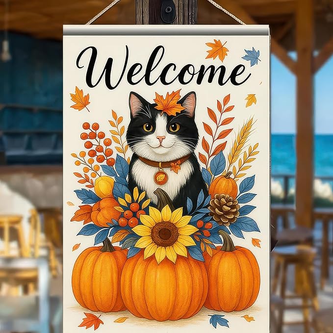 Thanksgiving Fall Garden Flag 12x18 Inch Welcome Cat with Pumpkins Outdoor Flag Double Sided Autumn Kitten Yard Banner with Sunflower Floral Decor for Porch Lawn Patio