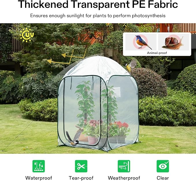 VIVOSUN 39x39x63-Inch Portable Walk-in Greenhouse, with PVC Cover & Detachable Base, Instant Pop-up and Folding, Mini Greenhouse with Roll-Up Door & Mesh Window for Indoor Outdoor, Wind Ropes Included