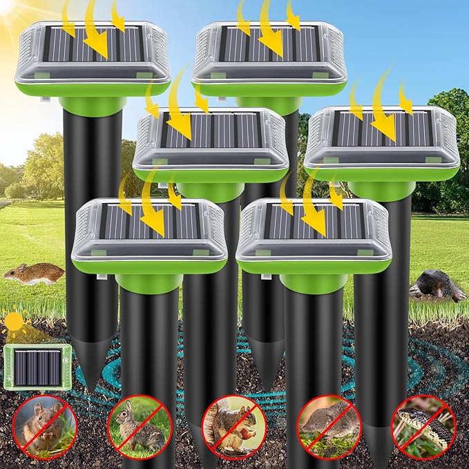 Mole Repellent Solar Powered,2025 Upgraded Vole Repellent Ultrasonic Solar Powered,Mole Repeller Outdoor for Lawns Garden Yard,Gopher Trap Killer for Gopher,Squirrel(6 Pack)