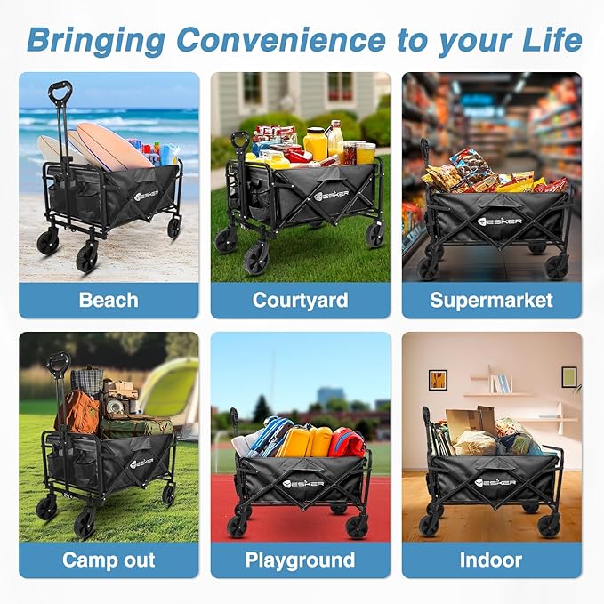 Yesker Foldable Wagon - 220lbs Collapsible Garden Carts with All Terrain Wheels for Outdoor Camping Sports Shopping Gardening - Heavy Duty Portable Utility Trolley (Black)