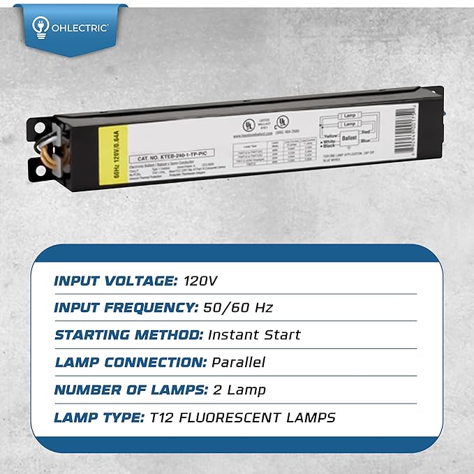 Replacement for Keystone KTEB-240-1-TP-PIC 2 Lamp T12 Electronic Fluorescent Ballast | 120V Input with Instant Start Operation | 0.85 Ballast Factor, UL-Approved