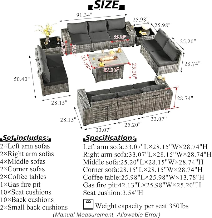 HOOOWOOO 13 Piece Modular Patio Outdoor Sectional Furniture Set with Gas Propane Fire Pit Table,Wicker Conversation Sofa Set,Out Door Couch Set with Wide Arm Outside(Black)
