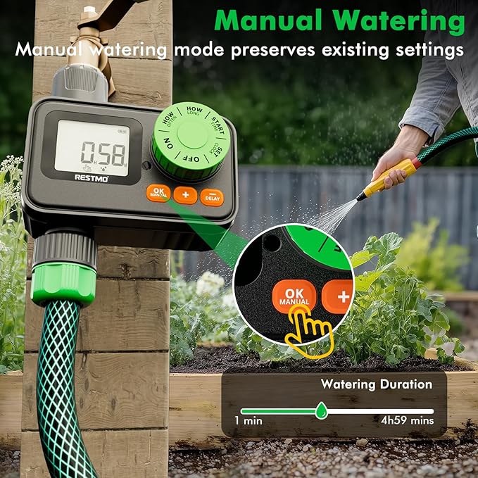 RESTMO Sprinkler Timer, Programmable Water Timer for Garden Hose, Automatic Control | Manual ON/Off | Rain Delay for Outdoor Faucet, Drip Irrigation and Lawn Watering System