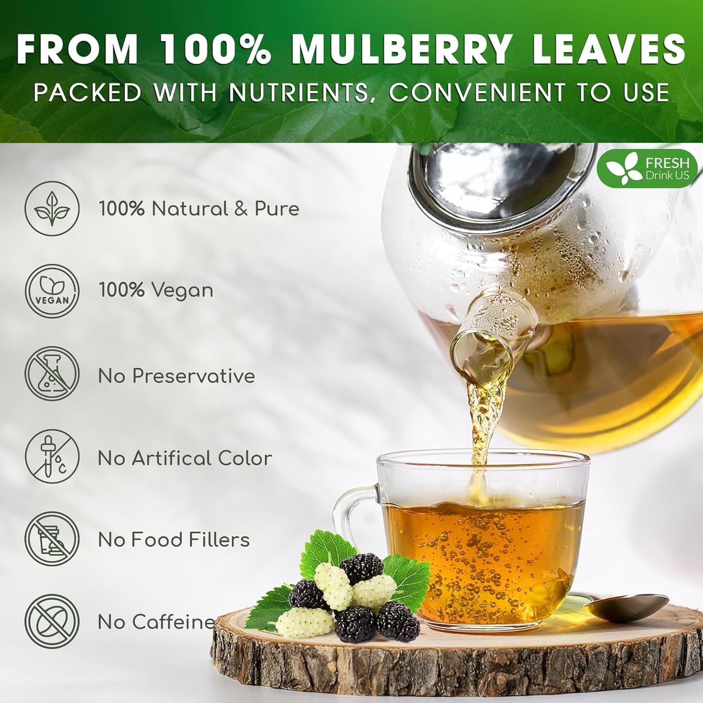 FreshDrinkUS Premium 75 Mulberry Leaf Tea Bags, 100% Natural & Pure. Loose Leaf Herbal Tea. Made with Natural Material Tea Bags. No Sugar, No Caffeine, No Gluten, Vegan