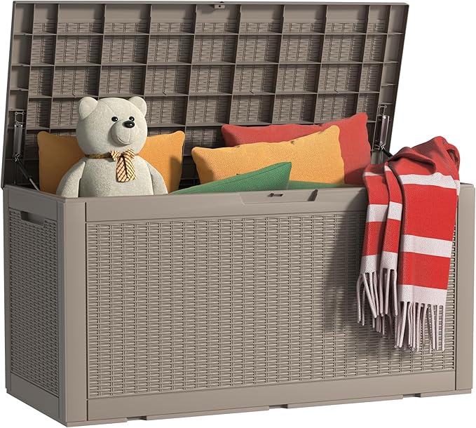 100 Gallon Outdoor Storage Box Waterproof, UV Resistant Resin Deck Box with Hydraulic Rod, Reinforced Stability for Patio, Garden, Rattan Gray