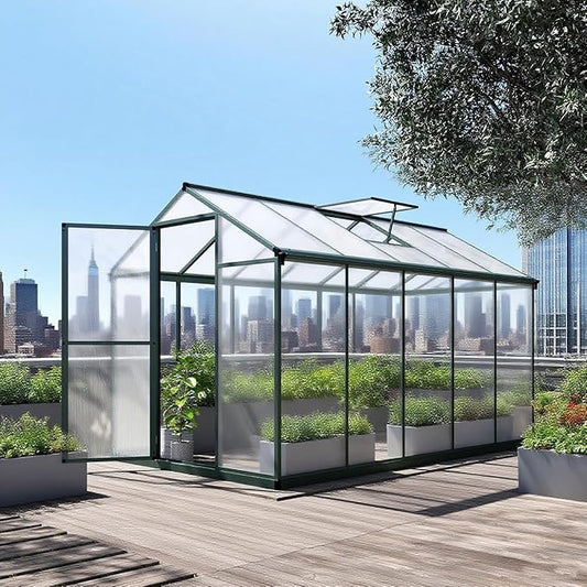 Greenhouse for Outdoors 10 x 6.25 Ft, Polycarbonate Greenhouse with Lock, Roof Windows Vent and Rain Gutter, Aluminum Large Walk-in Green Houses, for Patio Garden Backyard Outside, Green