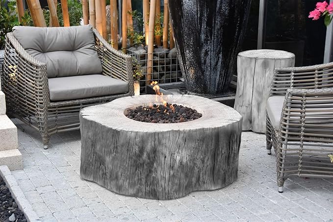 Elementi | Bundle Manchester Gas Fire Pit Cast Concrete Semi-Round Fire Table, Outdoor Fire Pit Electronic Ignition | Canvas Cover, Lava Rock Included | Classic Gray (Propane Gas)