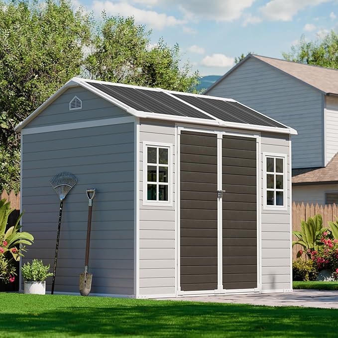 Restland Resin Storage Shed with Floor 8x6 FT Outdoor Waterproof Wider Door Plastic Sheds Kit for Backyard Garden Patio Lawn Tools, Gray