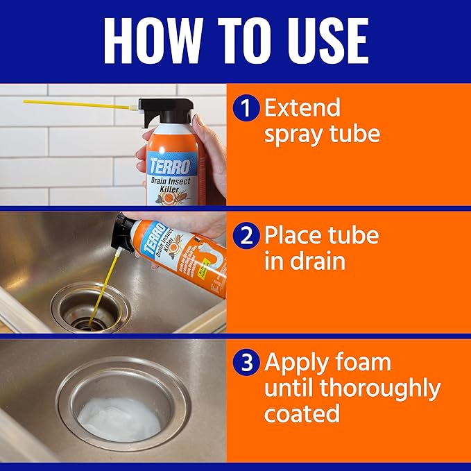 TERRO Drain Insect Killer - T590 Drain Fly Killer Spray - Foam Treatment for Fruit Flies, House Flies, and Cockroaches