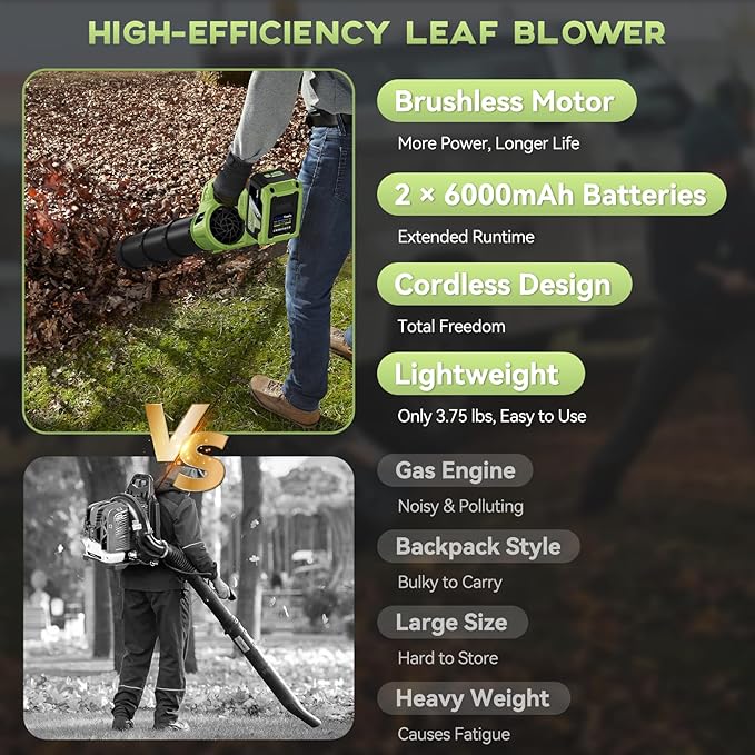 Cordless Leaf Blower - 650 CFM Brushless Electric Leaf Blower with 2 x 6.0Ah Batteries & Fast Charger, 2 Speed Modes, Battery Powered Leaf Blowers for Lawn Care, Patio, Dust, Snow Care (Light Green)