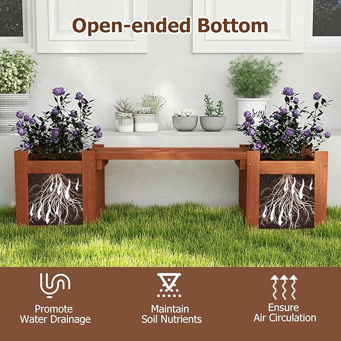 Giantex 2-in-1 Outdoor Bench with 4 Planter Boxes, Wood with Teak Oil Finish, Raised Garden Beds with Open-Ended Base, Garden Bench Seat for Porch Balcony Lawn Yard, DIY Assembly, 42"x11"x11.5"