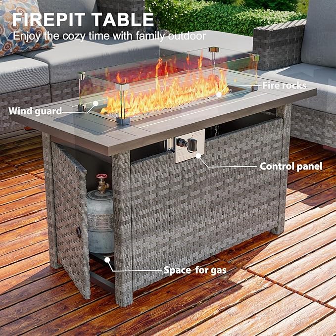 Restland 44” Propane Fire Pit Table 60000 BTU Rectangle Outdoor Fire Pit Table with Wind Guard & Waterproof Cover CSA-Certified Rattan Gas Firepit for Patio, Party, Backyard