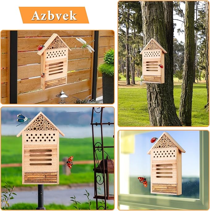 Wooden Insect House Hotel for Bee, Butterfly, Ladybirds, Beneficial Insect Habitat, Bug Hotel Garden 11.7" x 7.7" (A)