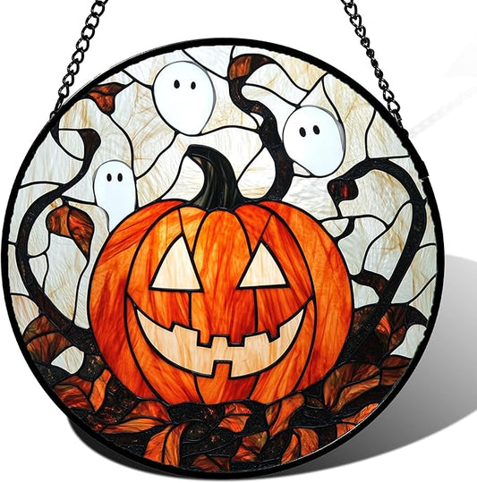 Stained Glass Window Hanging - Halloween Decorations Pumpkin Ghost Suncatcher for Doors Garden Indoor Spooky Funny Orange Sun Catchers Gothic Decor Horror Gifts for Women Men Friend 7.8 in