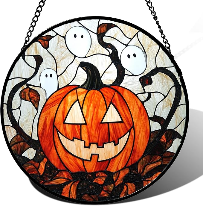 Stained Glass Window Hanging - Halloween Decorations Pumpkin Ghost Suncatcher for Doors Garden Indoor Spooky Funny Orange Sun Catchers Gothic Decor Horror Gifts for Women Men Friend 15 in