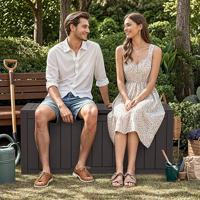 YITAHOME 100 Gallon Outdoor Storage Box, Large Water Resistant Resin Deck Box, Indoor Outdoor Lockable Storage Container for Patio, Garden, Cushions, Tools, Equipment (Dark Brown)