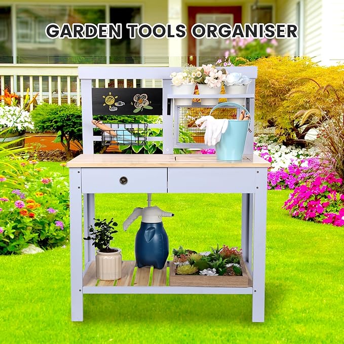 Kids Potting Bench Table Outdoor Garden Table Wooden Work Station Outdoor Garden Work Bench Platform with Removable Sink Hooks 3 Side Flower Pots Natural Wood Blue Gift for Boys Girls