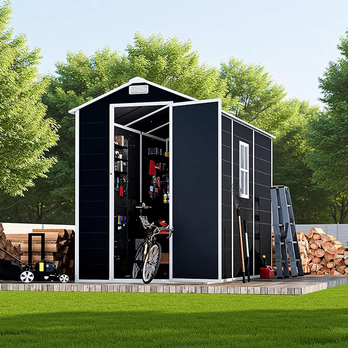 Outdoor Storage Shed 8x4 FT, Resin Shed with Floor & Window, Lockable Door, Vents, Outside Sheds & Garden Shed for Patio Furniture, Gardening Tools, Bike Accessories and Lawn Mower (Dark Gray, 4*8ft)