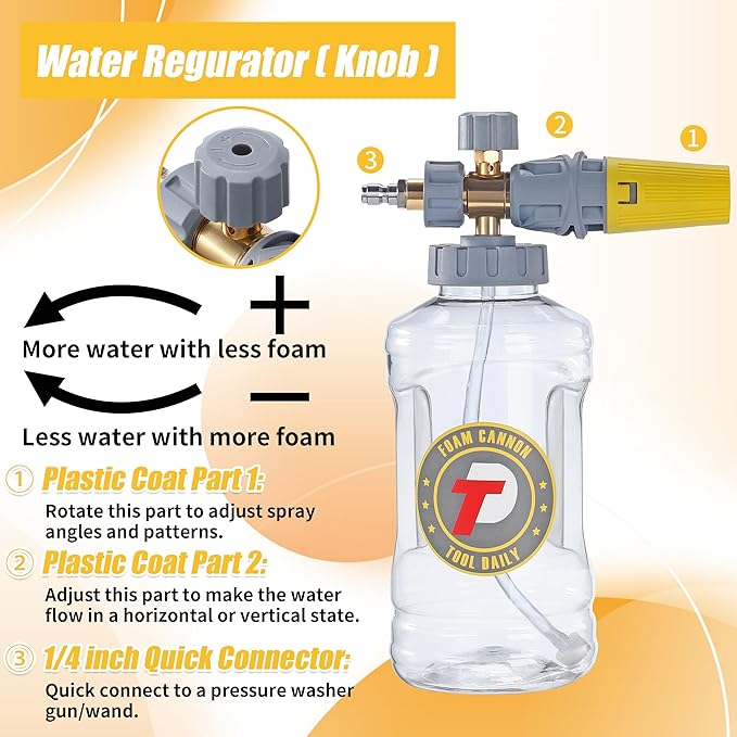 Tool Daily Foam Cannon for Pressure Washer with Dual Connector Accessory, Adjustable Soap Cannon with M22-14 and 1/4” Quick Connect Fittings, Additional Orifice Nozzle 1.1mm, 1.5 Liter