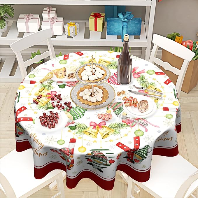 Gnomes Joy Christmas Decorations Tablecloth Farmhouse Xmas Winter Snowflake Tablecloth for Circular Table Cover Dinner Table Parties,60 Inch Round
