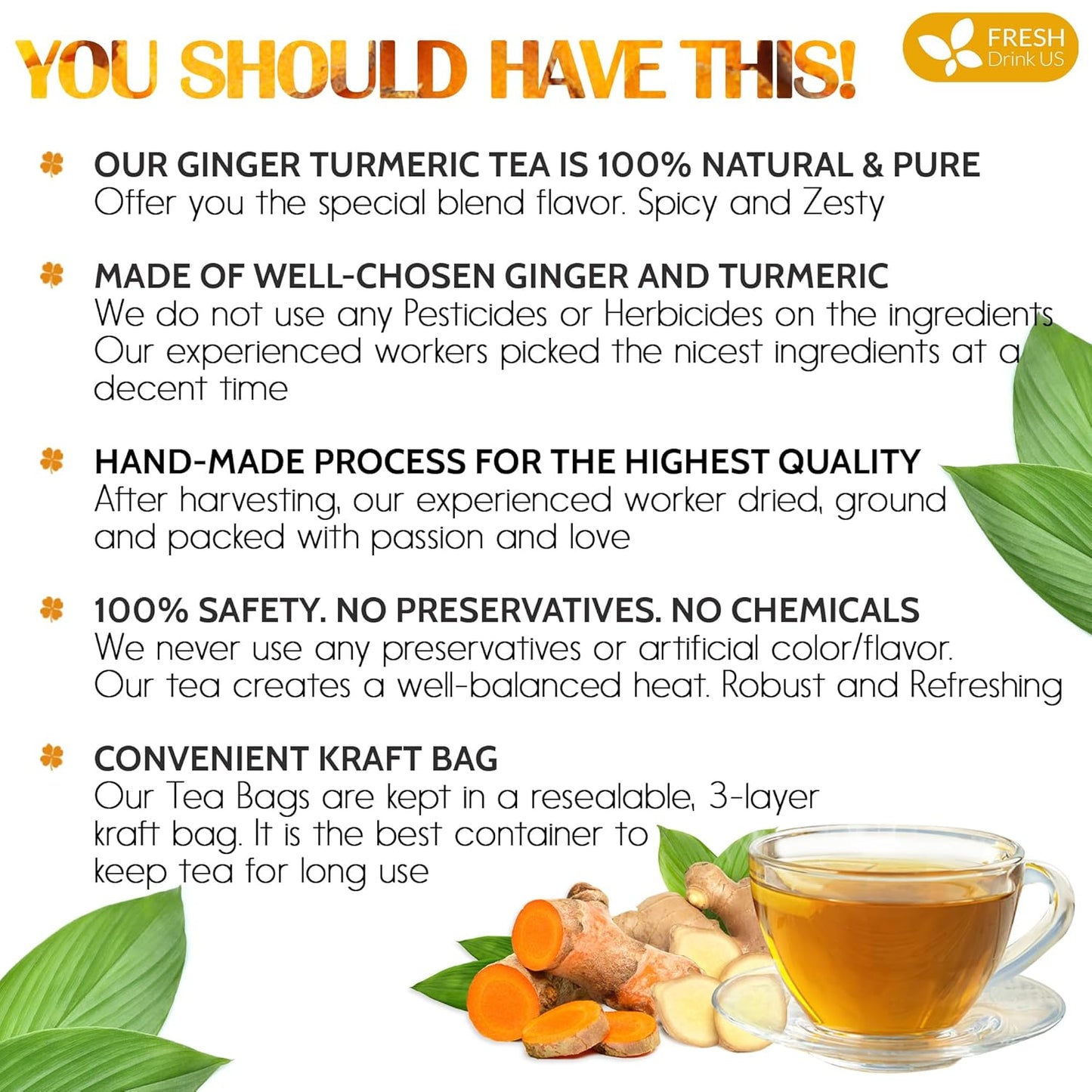 FreshDrinkUS, Premium 135 Turmeric Ginger Tea Bags, 100% Natural Ingredients, Hand-made Blend of Turmeric and Ginger Herbal Tea, Eco-conscious Tea Bags. No Sugar, No Caffeine, No Gluten, Vegan.