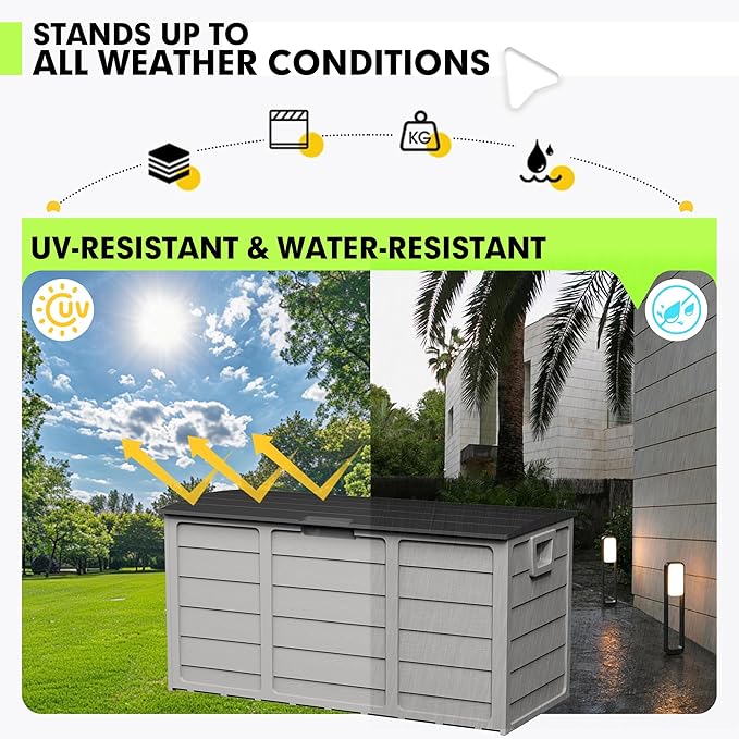 75 Gallon Outdoor Deck Box - Durable Resin Storage with Lockable Lid, for Patio Furniture Cushions, Pillows (Grey)