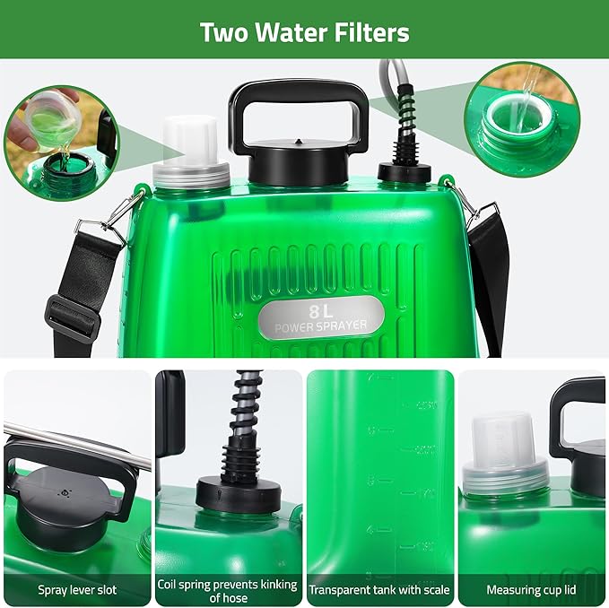 DOUBFIVSY Electric Garden Sprayer, 2 Gallon Battery Powered, 3 Adjustable Speeds, 4 Nozzles, 32" Retractable Wand, Green, ABS Handle, HDPE Water Can, Lawn & Garden