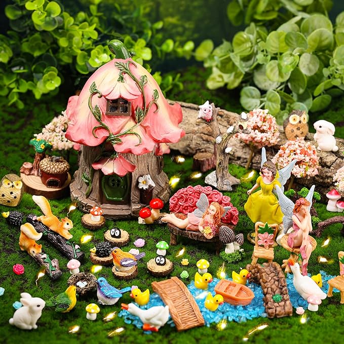 93 Pcs Fairy Garden House Resin Accessories Fairy Elves Kit Miniature Fairy Figurines Ornaments Animals Decor Outdoor for DIY Dollhouse