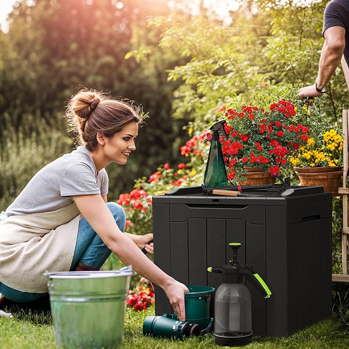 Devoko 31 Gallon Waterproof Outdoor Storage Box Resin Deck Box Lockable and UV Resistant for Patio Furniture,Garden Tools (Black)