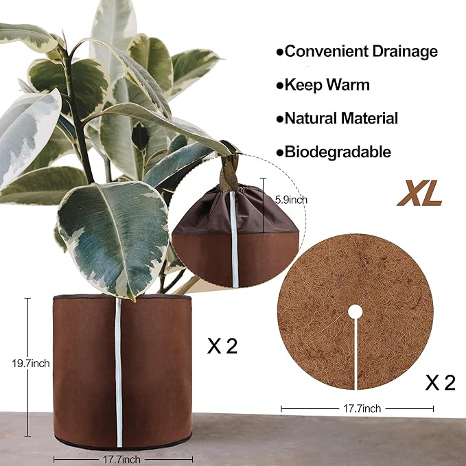 2Pcs Plant Pot Protection Cover for Winter - Flower Pot Protection Bag, Thermal Pot Protector with Coir mat for Outdoor Potted Plants Flowers Shrubs Trees Keep Warm (Dia 17.7 inch x 25.6 inch H)