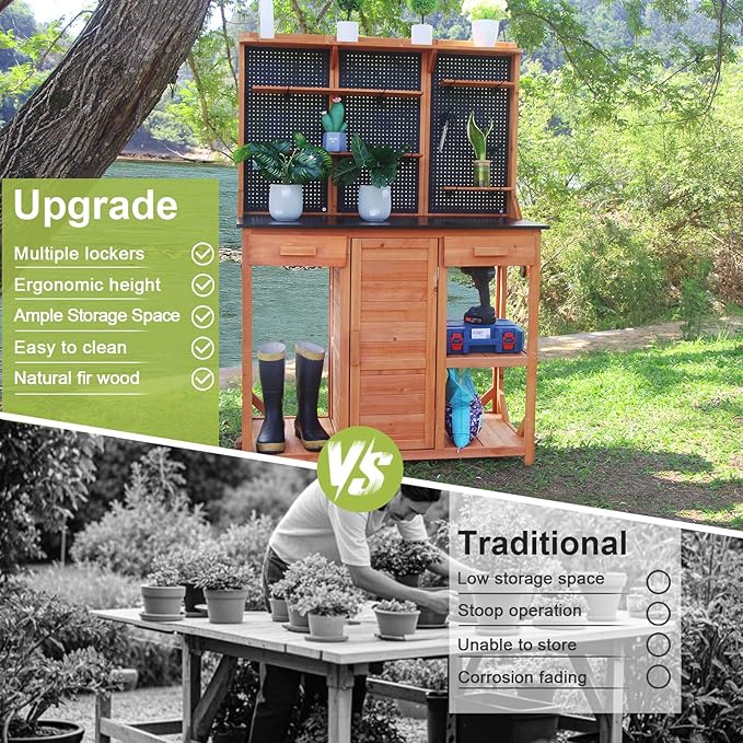 Outdoor Potting Bench,Wooden Potting Table with Metal Tabletop,Garden Work Bench with Drawer and Free Matching Storage Cabinet Shelf/Hooks for Backyard,Patio,Greenhouse (Black, 40 * 59 * 20in)