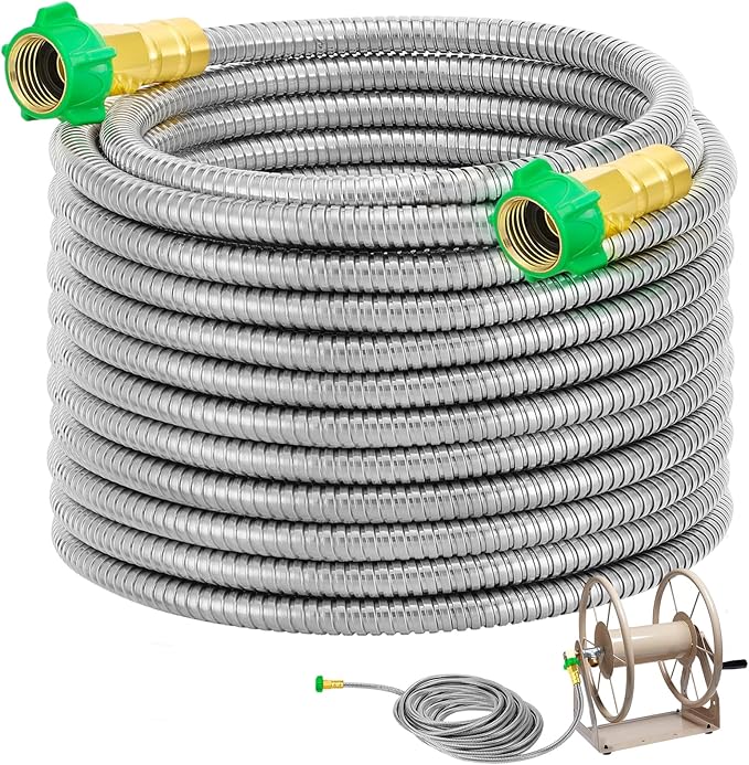 Garden Hose with Female to Female Connector - 50ft Metal Leakproof Leader Hose for Reel, Heavy Duty 304 Stainless Steel Flexible Water Pipe for Outdoor Garden Watering Car Pet Cleaning