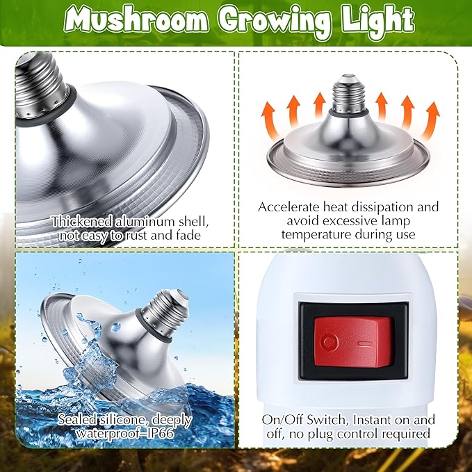 Meonum 2 Pack LED Growing Lights for Mushroom Unique Spectrum Mushroom Growing Lamp with 4.9 ft Extension Cord Hanging Light Bulbs with White Blue LEDs for Indoor Plants