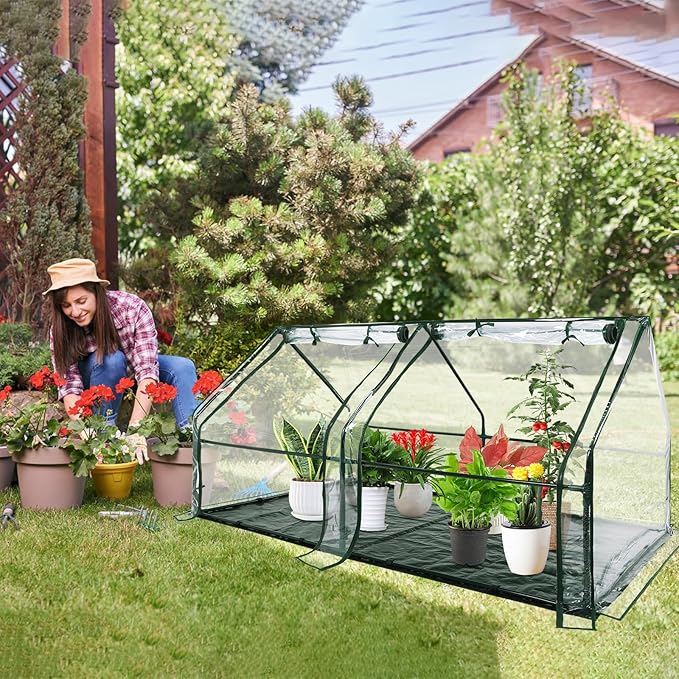 U'Artlines Portable Mini Greenhouse 9x3x3 Ft Small Greenhouse for Outdoors with Waterproof Pad, Little Green Houses Plant Cover Tent for Outside Garden Small Plants, Clear PVC