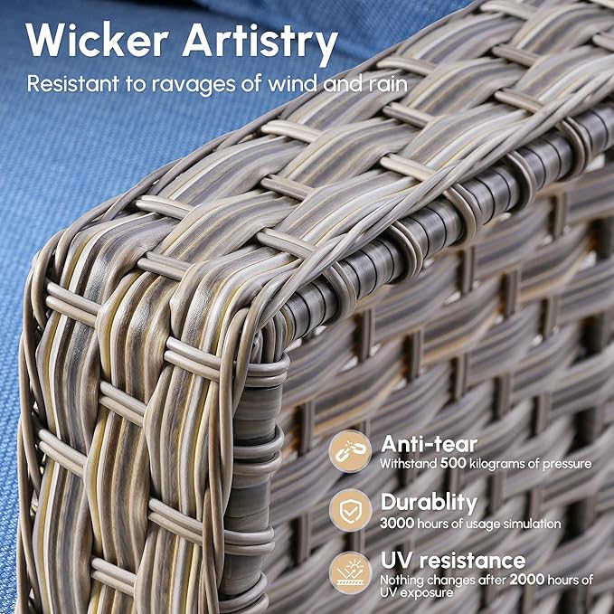 8 Pieces Patio Outdoor Furniture Set with Swivel Rocking Chairs,All Weather Wicker Rattan Patio Seating Sofa and Chair Set w/Ottoman,Outdoor Conversation Sets for Deck Yard Garden,Blue