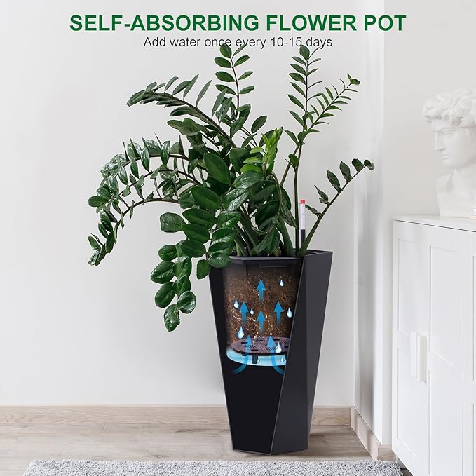 23 Inch Tall Outdoor Planters Set of 2, Self Watering Pots for Indoor Plants with Water Level Monitor & Drainage Hole & Wheels, Large Planter Pots for Garden, Patio, Balcony, Lounge, White