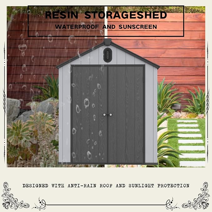 6x8 FT Outdoor Storage Shed with Hinge Door,Window & Air Vent,Outdoor Plastic Tool House W/Waterproof Tilted Roof,Heavy Duty Stroage Unit for Backyard,Patio,Lawn,Garden,Grey+Black